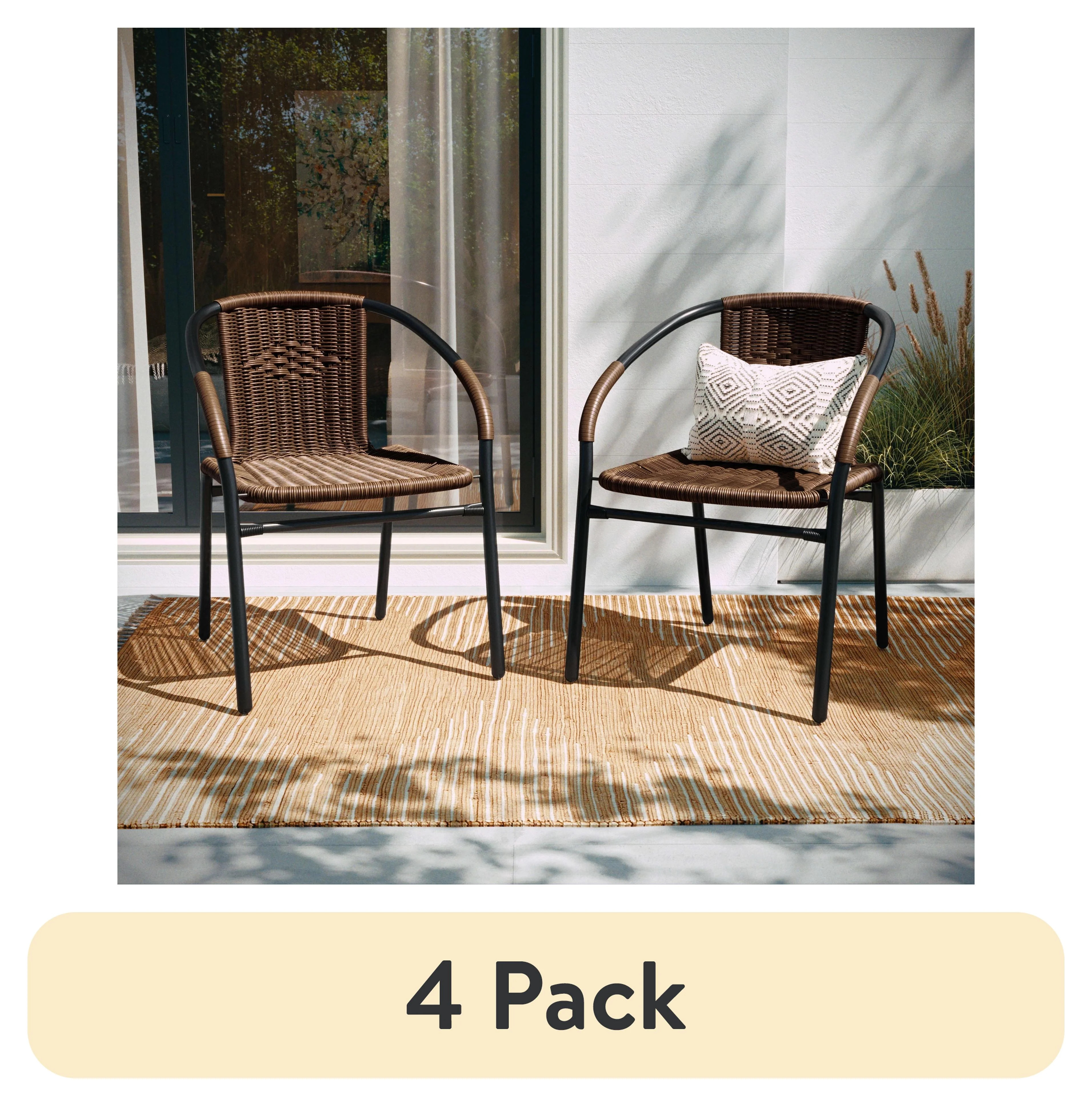 (4 pack) BizChair Lila Indoor/Outdoor Stacking Rattan Patio Chairs, Set of 2, Dark Brown | Walmart (US)