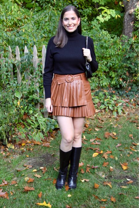 Thanksgiving outfit, leather skirt, black riding boots, cashmere sweater, cashmere turtleneck, black boots, brown leather skirt, fall outfit, fall date night outfit

#LTKstyletip #LTKSeasonal #LTKHoliday