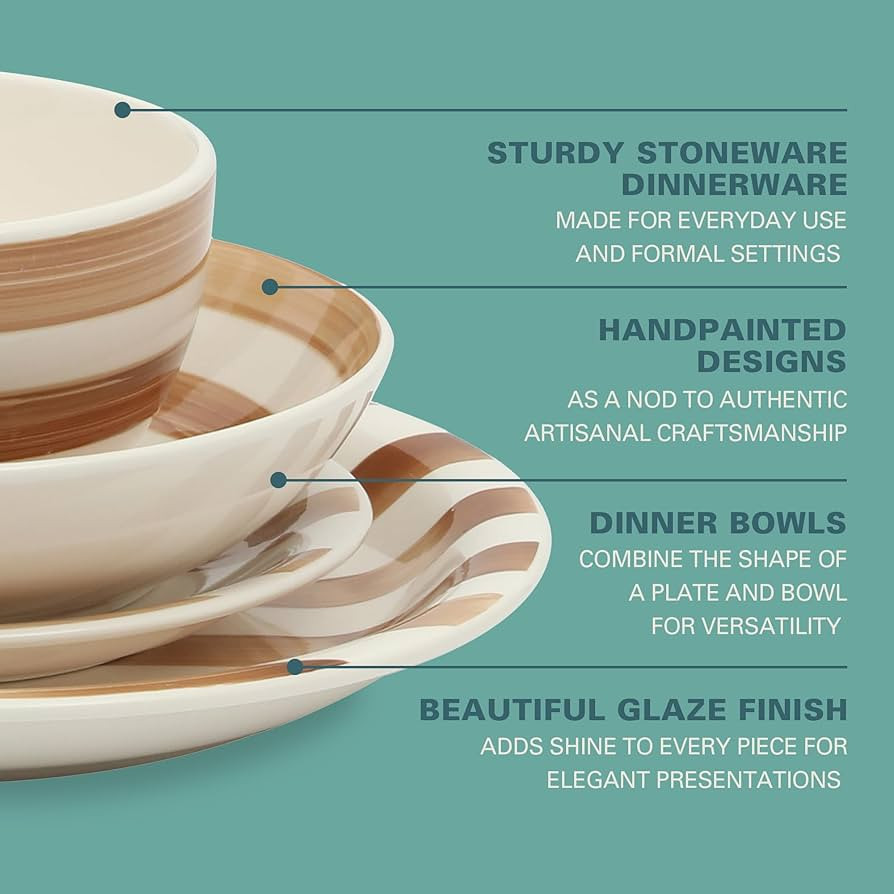 Gibson Home Kenwood Shores 16 Piece Dinnerware Set, Brown Striped, Stoneware, Hand-Painted Plates... | Amazon (US)
