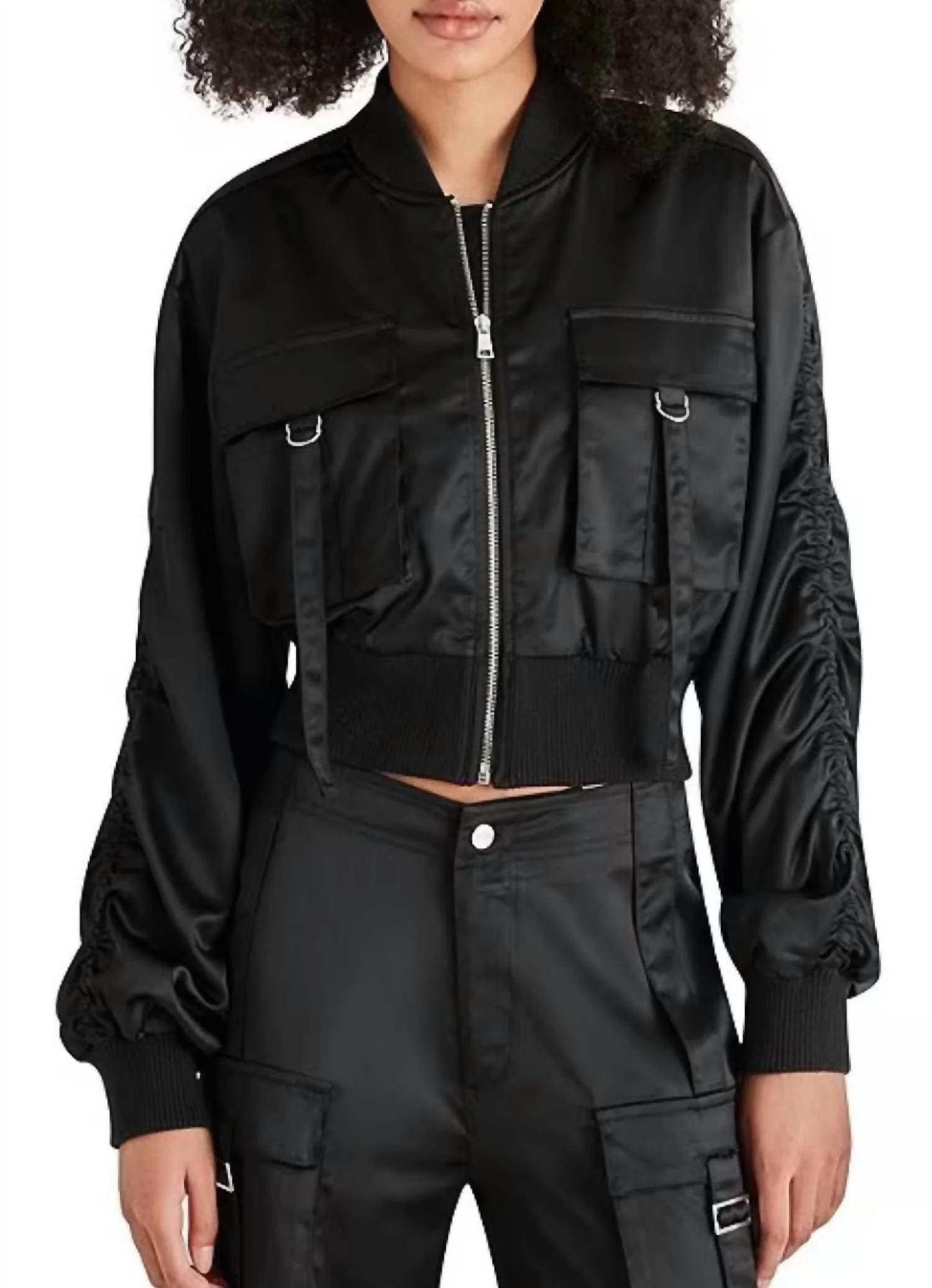 Costa Silk Utility Cropped Bomber Jacket In Black | Shop Simon