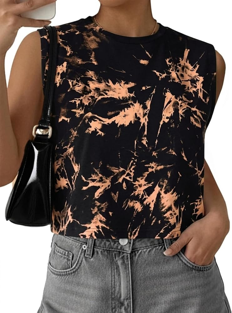 Hilinker Womens Crew Neck Loose Crop Tank Tops Workout Casual Sleeveless T-Shirt | Amazon (US)