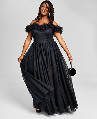 Trendy Plus Size Tulle-Trim Off-The-Shoulder Gown | Macys (US)