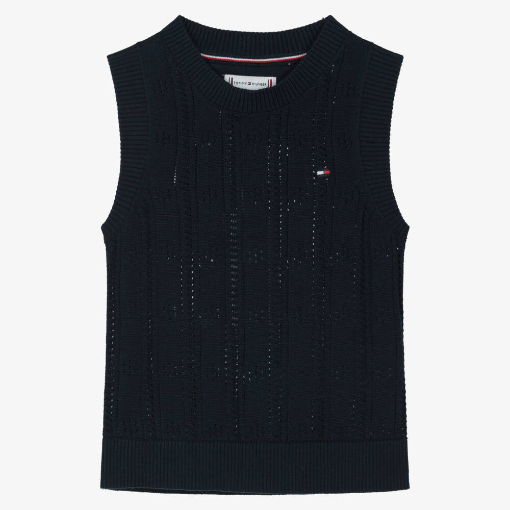 Tommy Hilfiger Girls Navy Blue Pointelle Knit Cotton Vest | Childrensalon