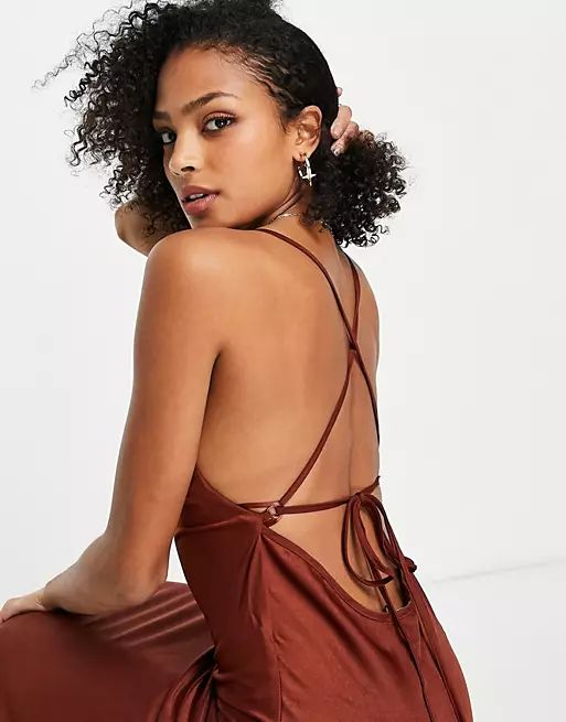 Outrageous Fortune satin midi slip dress in chocolate | ASOS (Global)