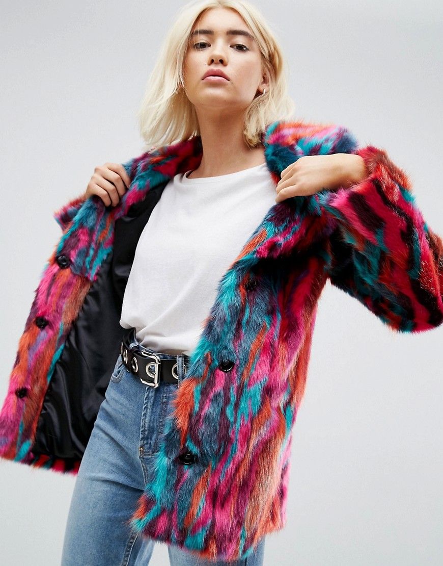 ASOS Faux Fur Midi Coat in Bright Jacquard - Multi | ASOS US