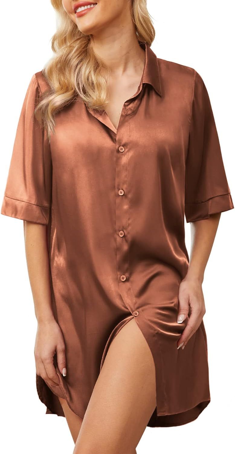 POKWAI Womens Nightgown Satin Button Down 3/4 Sleeve Sleepshirt Boyfriend Notch Collar Nightshirt... | Amazon (US)