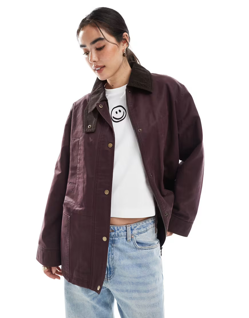 ASOS DESIGN waxed cinched waist jacket with contrast collar in plum-Purple | ASOS (Global)