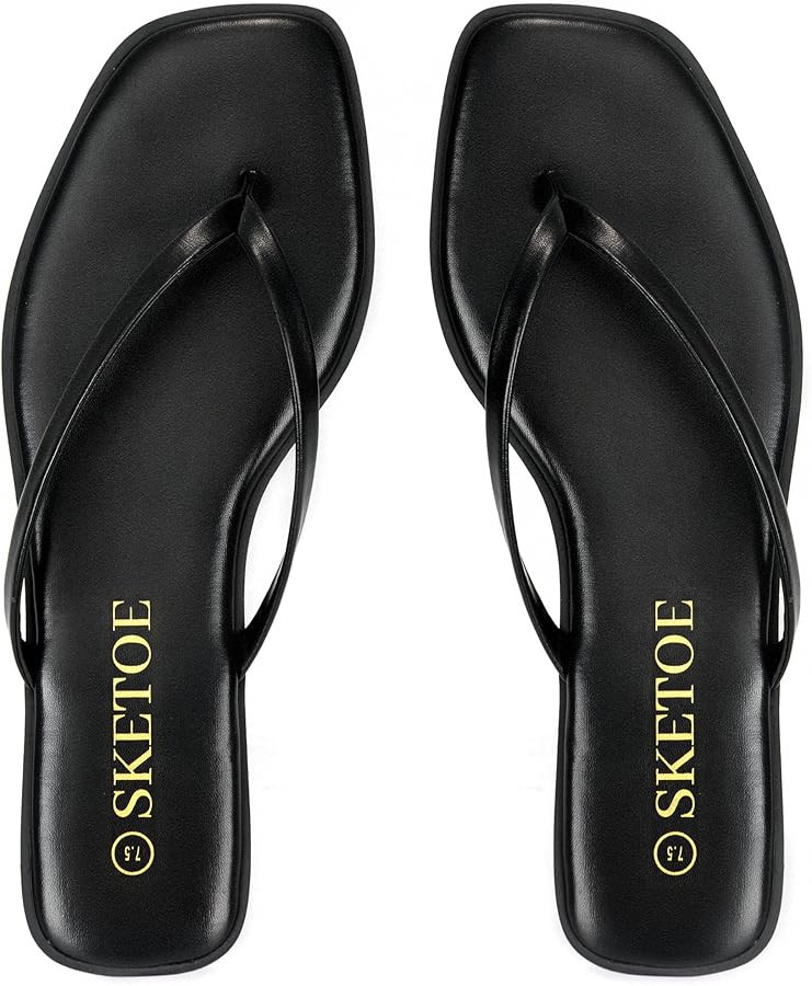 Flip Flops for Women Square Toe Flat Sandals for Women Comfortable Thong Sandals Vegan Leather Fl... | Amazon (US)