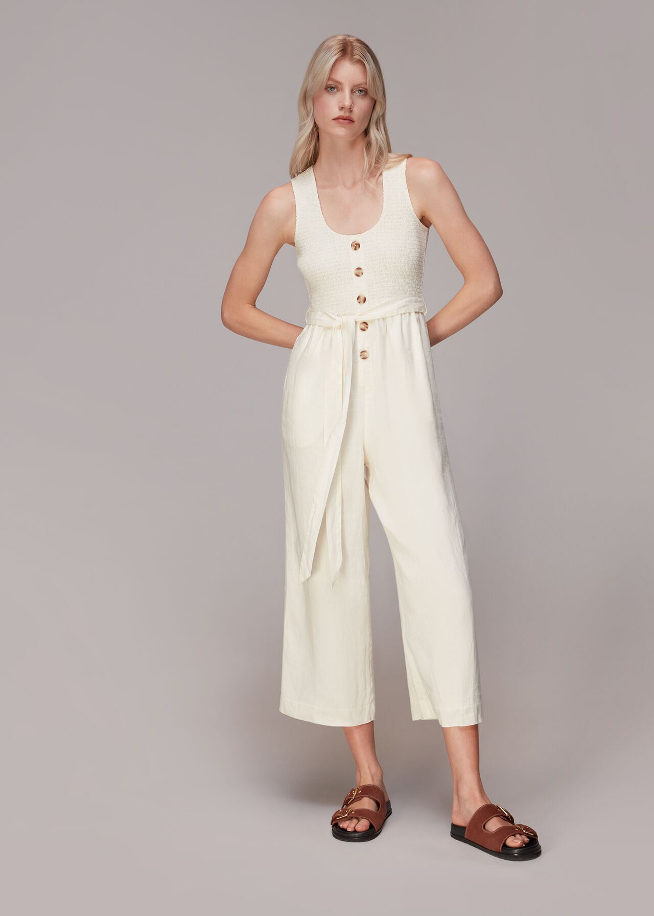 Ivory Shirred Linen Jumpsuit | WHISTLES | | Whistles