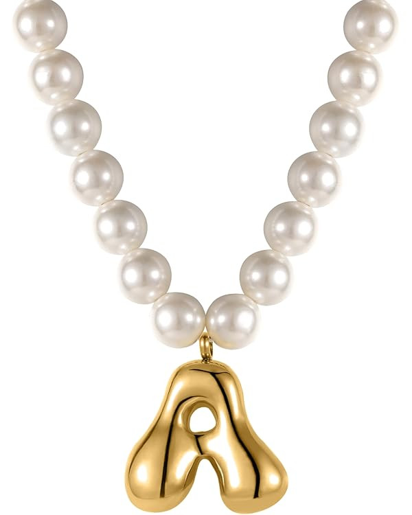 Bubble Initial Pearl Necklace Gold Freshwater Pearl Initial Necklace for Women Customized Women'S... | Amazon (US)