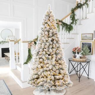 Glitzhome 9 ft. Pre-Lit Snow Flocked Artificial Spruce Christmas Tree with 900 Warm White Lights ... | The Home Depot