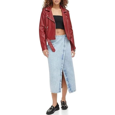 Levi e Women s Belted Faux Leather Moto Jacket XL Deep Red | Walmart (US)