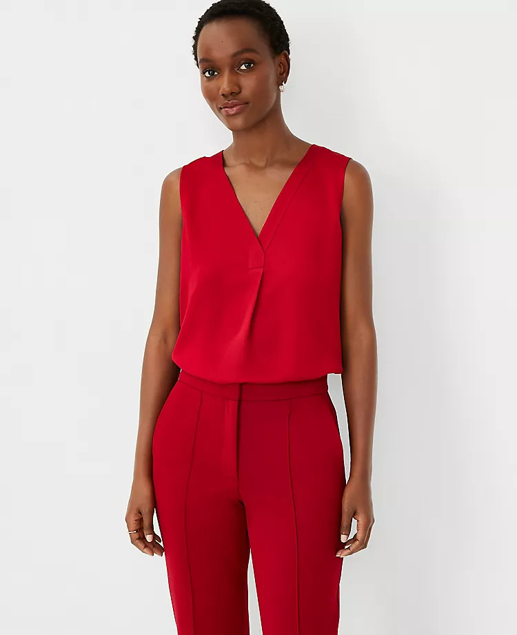 Shimmer Mixed Media Pleat Front Shell | Ann Taylor (US)