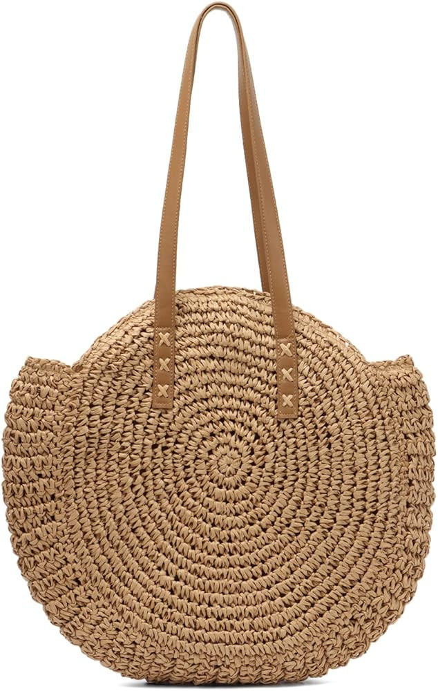Women Straw Bag Round Handwoven Summer Beach Tote Bag Natural Chic Vacation Shoulder bag | Amazon (US)