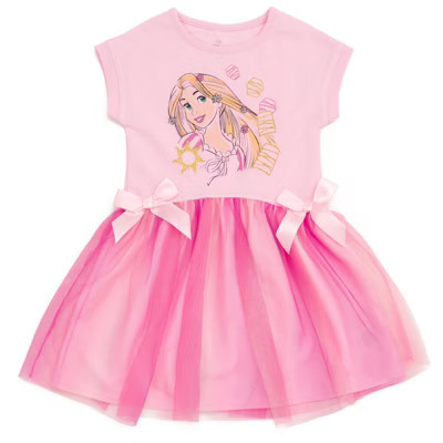 Disney Princess Tangled Little Girls' Glitter Short Sleeve Knit and Tulle Graphic T-Shirt Dress Rapunzel Pink 7-8 | Target
