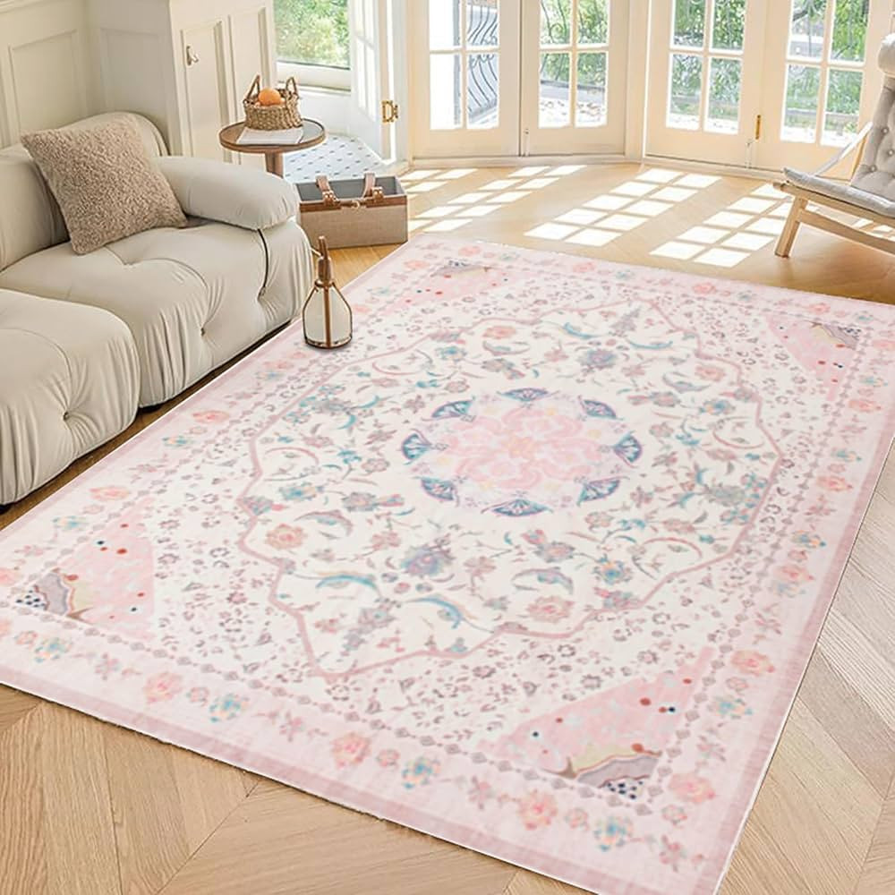 Area Rug - Vintage 5x7 Non-Slip Backing Area Rugs Light Pink Soft Faux Wool Carpet Foldable & Mac... | Amazon (US)