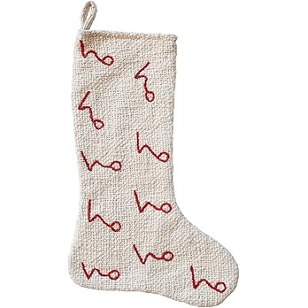 Creative Co-Op, Natural and Red Woven Cotton Stocking with Embroidered Ho Pattern | Amazon (US)