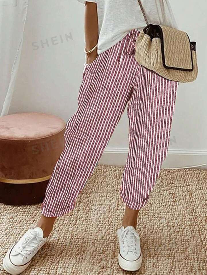 SHEIN LUNE Women High Waist Striped Casual Pants With Tie Belt And Cuffed Ankles | SHEIN
