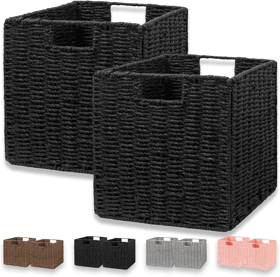 Vagusicc Wicker Storage Basket, Set of 2 Hand-Woven Wicker Basket, Foldable Cube Storage Bin, Bla... | Amazon (US)