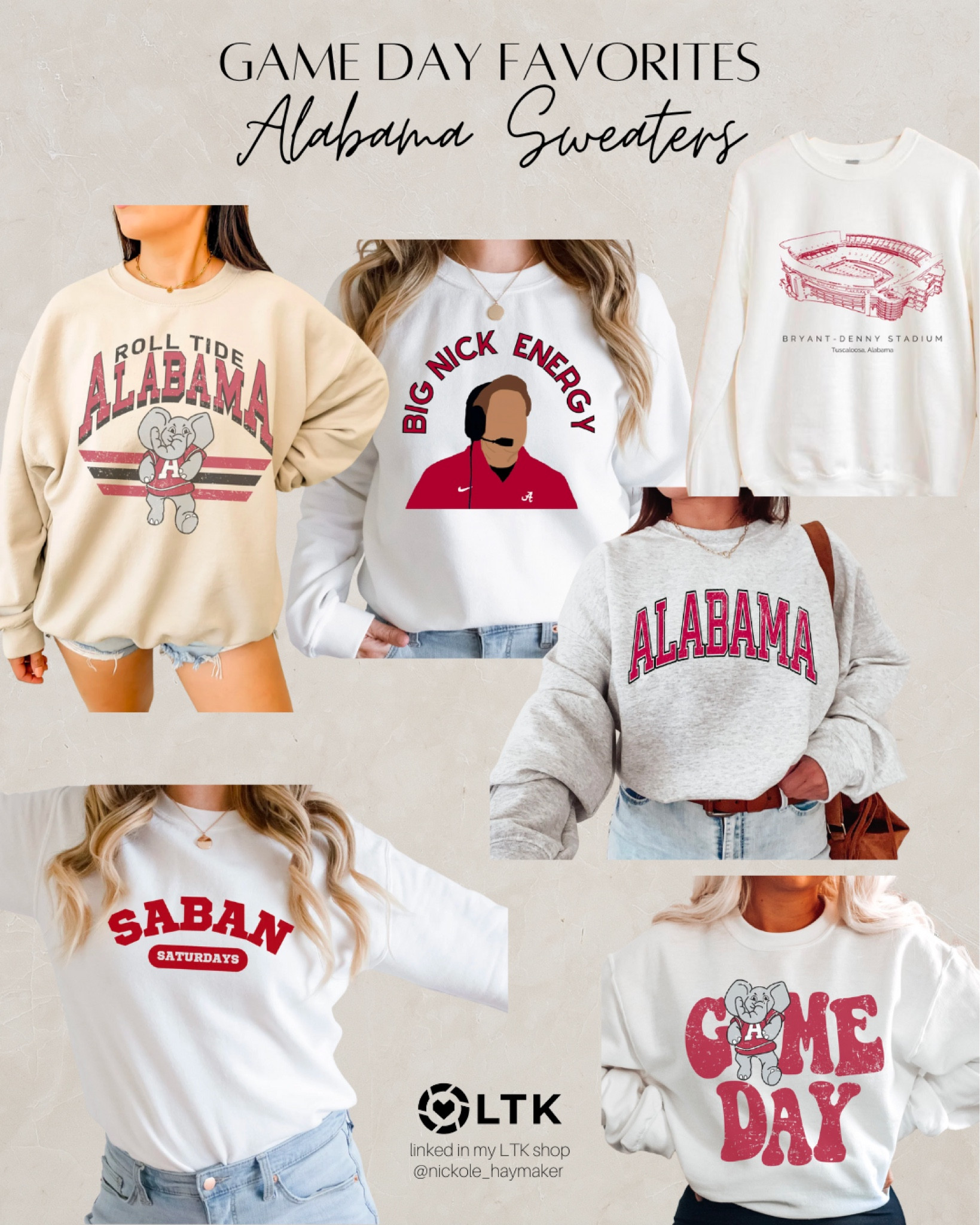 My favorite Alabama gameday sweaters!! Happy football kick off y’all! Roll Tide ❤️🏈 I ordered the bottom right one in a medium for an oversized fit. 

#rolltide #alabamafootball #alabama #gameday #footballoutfit #footballsweater 

#LTKU #LTKSeasonal #LTKunder50