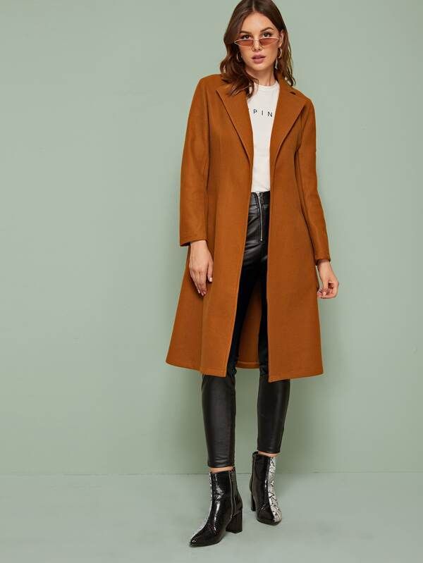 Open Front Belted Midi Coat | SHEIN