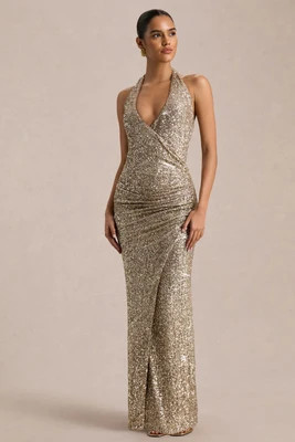 Gio | Champagne Sequin Plunge-Neck Wrap Maxi Dress With Ruched Detailing And Front Split | Club L London