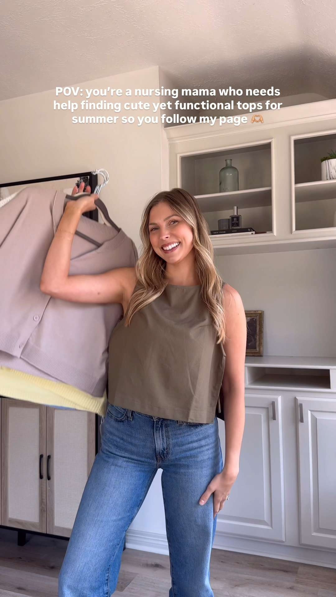 Nursing friendly tops for summer! I'm wearing a size S in the green, white lace, khaki cardigan, and M (but should have done S) in the yellow cardigan, and white vest, and size M in the blue bow top and sports bra tank under. Size 27 in jeans.  

 #LTKSeasonal #LTKFindsUnder50 #LTKStyleTip