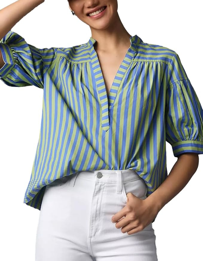 Women Puff Short Sleeve Blouse Trendy Striped V Neck Shirt Summer Business Casual Outfit Cute Bab... | Amazon (US)