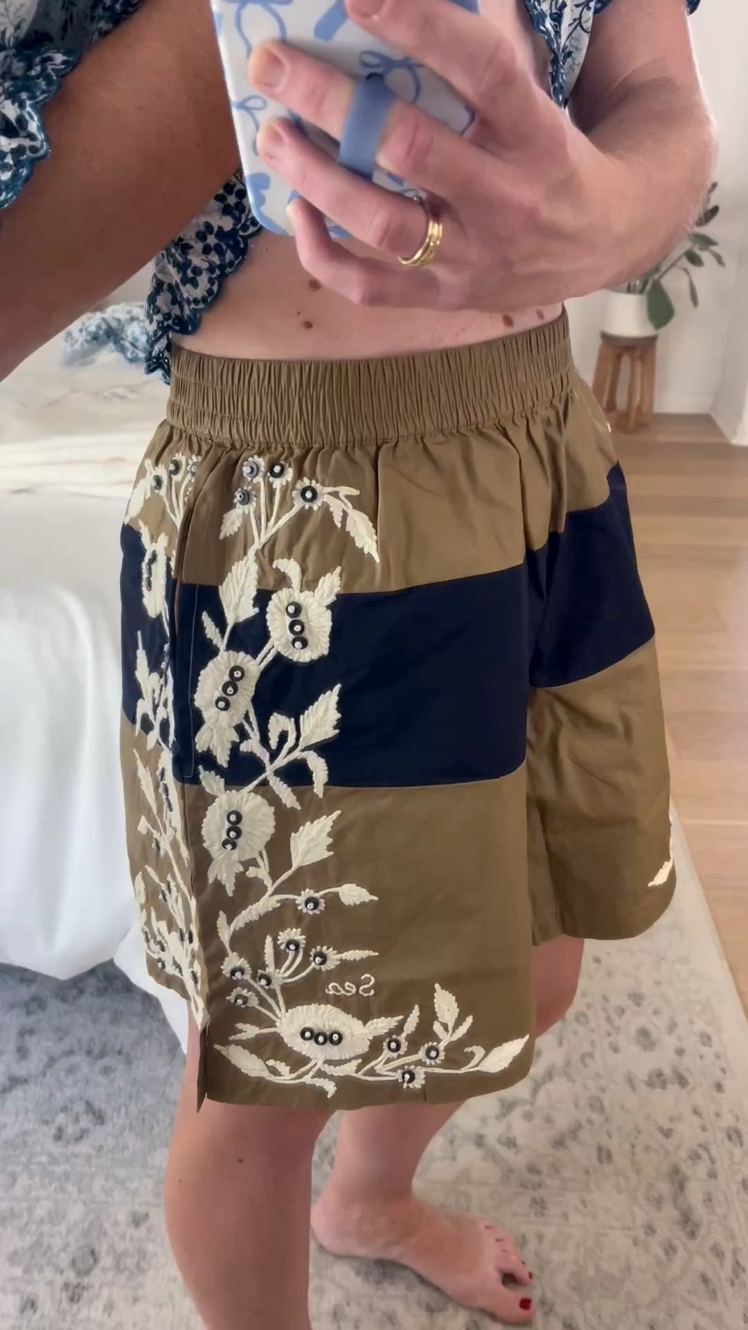Into Bermuda shorts this season and was so excited for these. The pro is that the details are exquisite, the beading and embroidery down the sides is chef’s kiss. The fabric is more of a board short material so that makes it feel a little less fancy which isn’t necessarily a bad thing. The con is that the fit isn’t quite right. It’s an elastic waistband and these definitely run big. I’m in a small but would have preferred an XS.