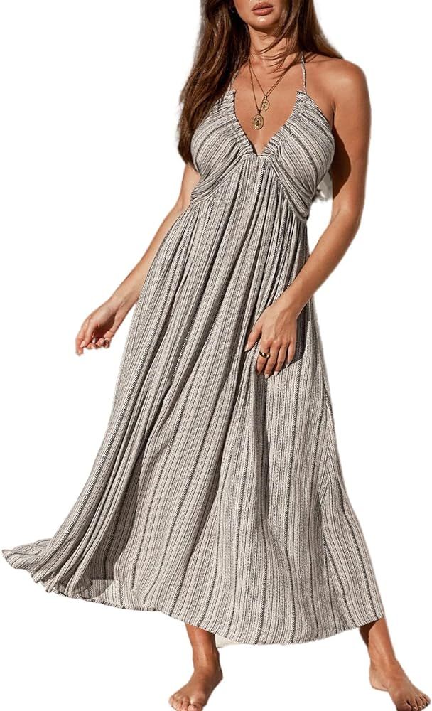 CUPSHE Women's Backless Beach Dress Halter Neck Ruffle Plunge V Neck Sleeveless Maxi Sundress Sum... | Amazon (US)