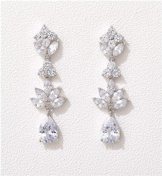 SWEETV Teardrop Wedding Earrings for Brides Birdesmaid, Crystal Cubic Zirconia Bridal Drop Earrin... | Amazon (US)