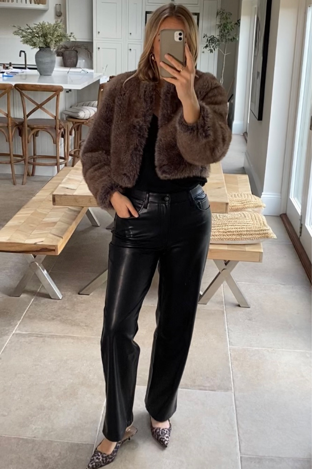45% off …. Great faux fur layer for partywear 
Looks good over jumpsuits , dresses , high waisted trousers. 
A classic piece in a lovely tonal brown faux fur. 
Wearing a size large 
And a 30 regular in the faux leather pants . 

#LTKCyberWeek #LTKuk #LTKsale