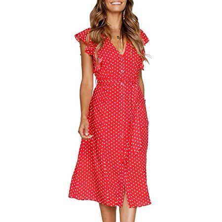 Women's Summer Boho Polka Dot Sleeveless V Neck Swing Midi Dress Pockets | Walmart (US)