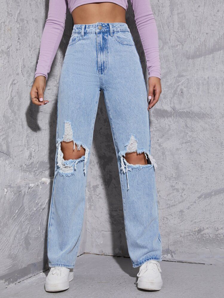 High Waist Cut Out Ripped Frayed Straight Leg Jeans | SHEIN