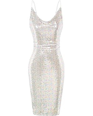 GRACE KARIN Women's Sexy Sequin Sparkly Glitter Cowl Neck Dresses Spaghetti Straps Bodycon Midi C... | Amazon (US)