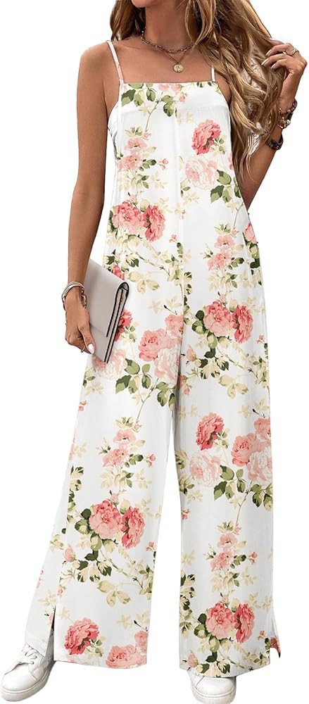 Women's Summer Boho Jumpsuits Floral Overalls Casual Wide Leg Long Pant Rompers One Piece Beach V... | Amazon (US)