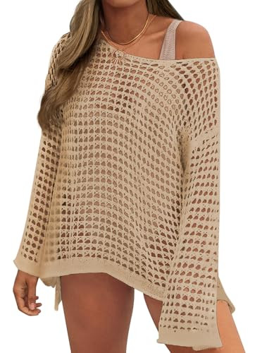 Crochet Cover Up for Women Mesh Hollow Out Bikini Cover Ups for Swimwear Summer Swimsuit, Deep Khaki | Amazon (US)
