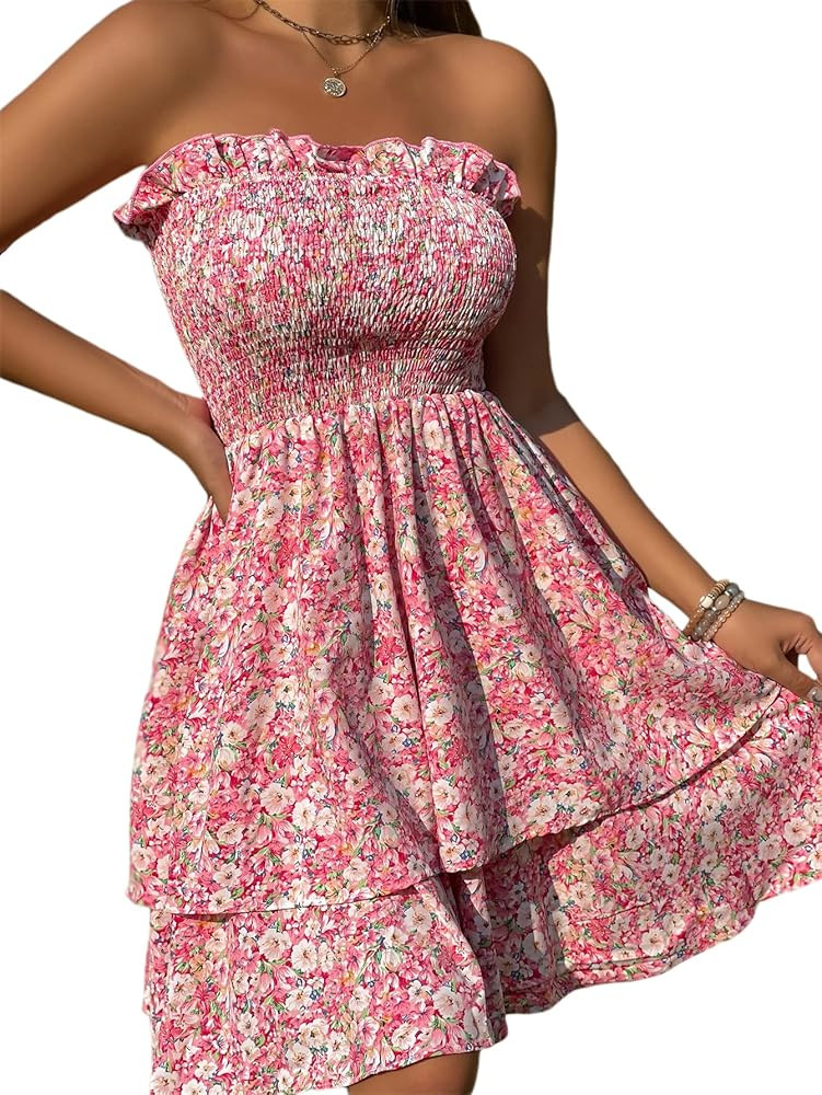 Milumia Women's Floral Sundress Shirred Strapless Frill Layered A Line Short Dress | Amazon (US)