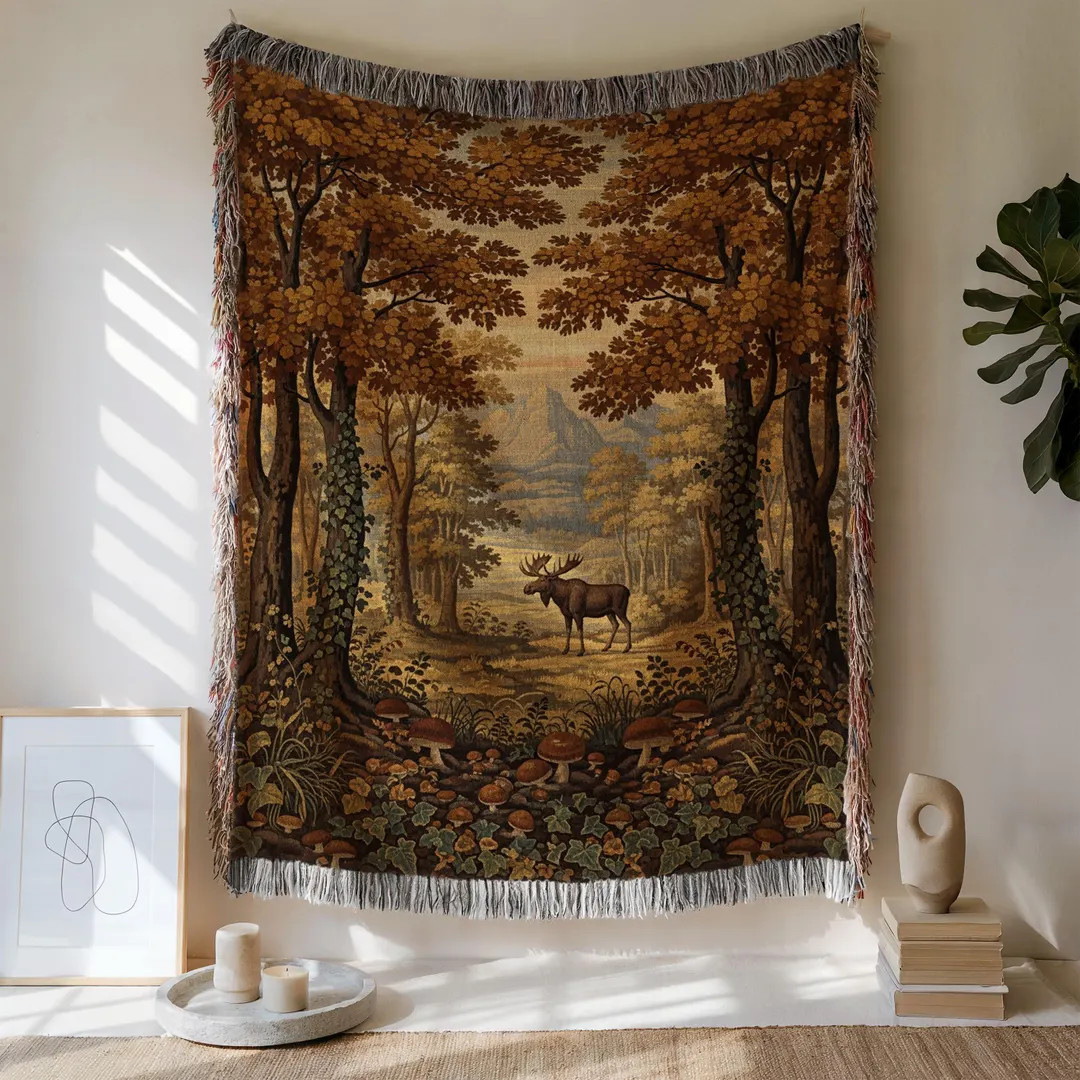 Moose Woven Blanket: Rustic Autumn Cabin Decor, Animal Tapestry | Etsy (US)