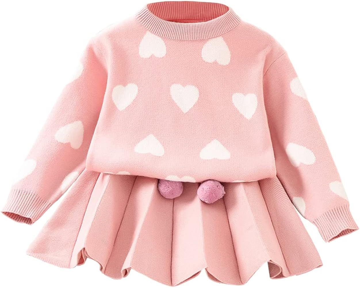 IMEKIS Toddler Baby Girls Outfit Knitted Buttons Sweater Tops Mini Skirt Bowknot Ruffle Long Slee... | Amazon (US)