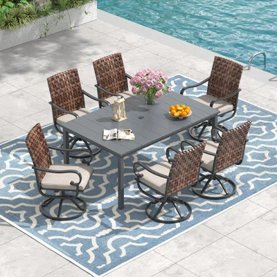 6-Person 63" L Rectangular Outdoor Dining Set With Cushioned Swivel PE Rattan Dining Chair | Wayfair North America