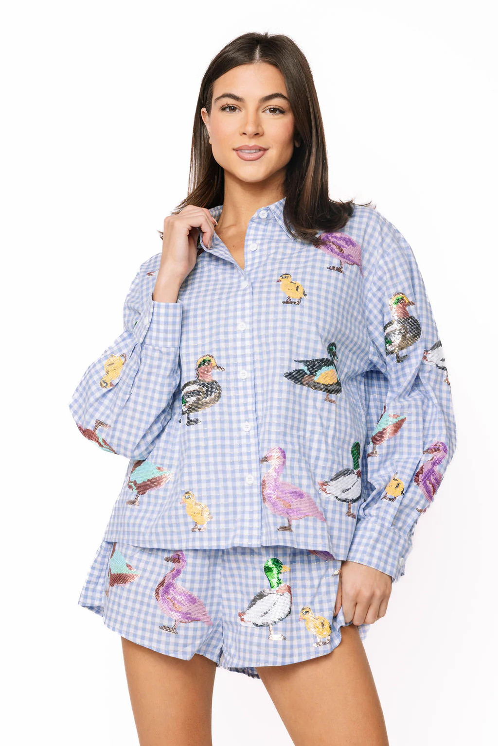 Blue & White Gingham Scattered Duck Button Up Collar Top | Queen of Sparkles