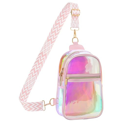 PACKISM Clear Iridescent Sling Bag for Concert, Holographic Crossbody Bag for Stadium Events Festival Shiny Neon Reflective Bag, Pink | Amazon (US)
