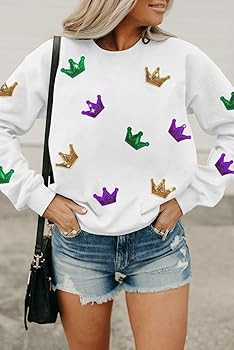 Mardi Gras Sweatshirt for Women Sequin Graphic Crewneck Long Sleeve Casual Pullover Sweatshirts T... | Amazon (US)