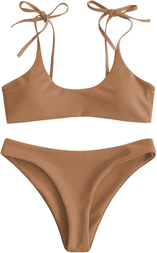 Sechico Women Tie Shoulder Ribbed Bikini Set Padded Strap Swimsuit | Amazon (US)