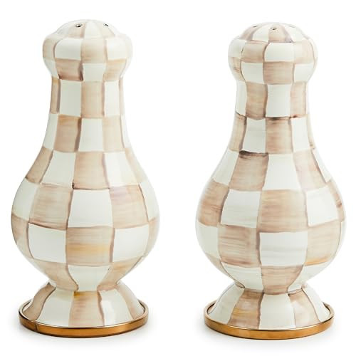 MACKENZIE-CHILDS Enamel Salt and Pepper Shakers, Kitchen Table Spice Shaker Set, Brown-and-White Mocha Check, Large | Amazon (US)