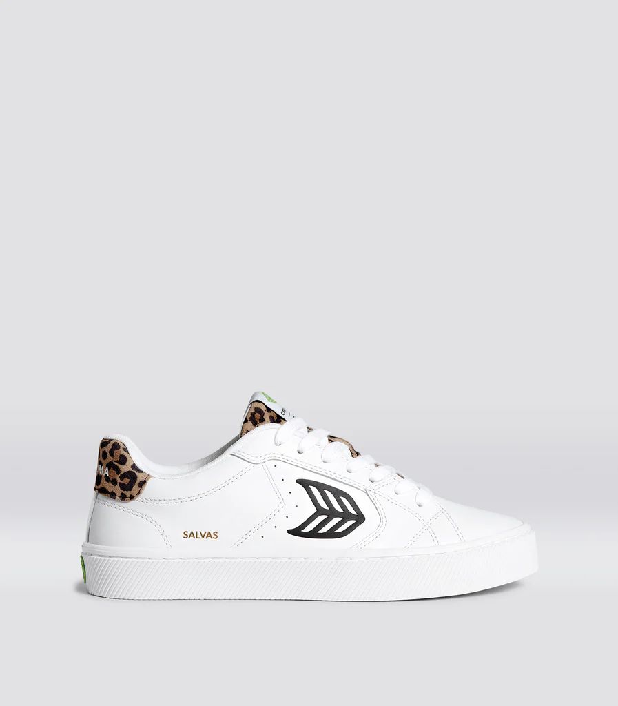 SALVAS White Leather Black Logo Leopard Print Sneaker Women | Cariuma