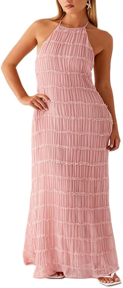 Women Halter Tie Back Pleated Long Dress Backless Going Out Cocktail Maxi Dresses | Amazon (US)