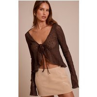 Chocolate Lace Tie Front Ruffle Long Sleeve Top | PrettyLittleThing US