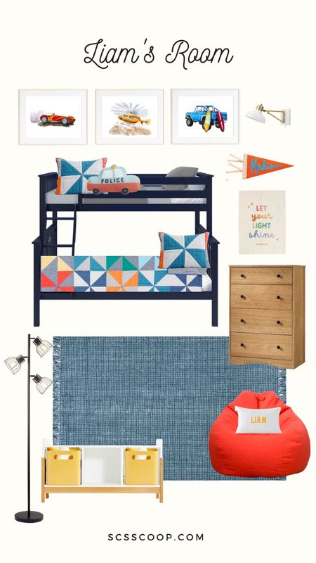 Little boys room decor -- Colorful little boy room inspiration

Navy twin over full bunk beds
Blue woven jute rug
Oak dresser
Personalized name pennant flag
Farmhouse style floor lamp 
Colorful Pinwheel quilt (truck sheets not shown)
Orange-red bean bag chair
Personalized name pillow
Watercolor car, helicopter and jeep prints are by tiny toes design — small shop is on Etsy 
Plug in over the bed mounted wall lamp

#LTKfindsunder100 #LTKhome #LTKkids